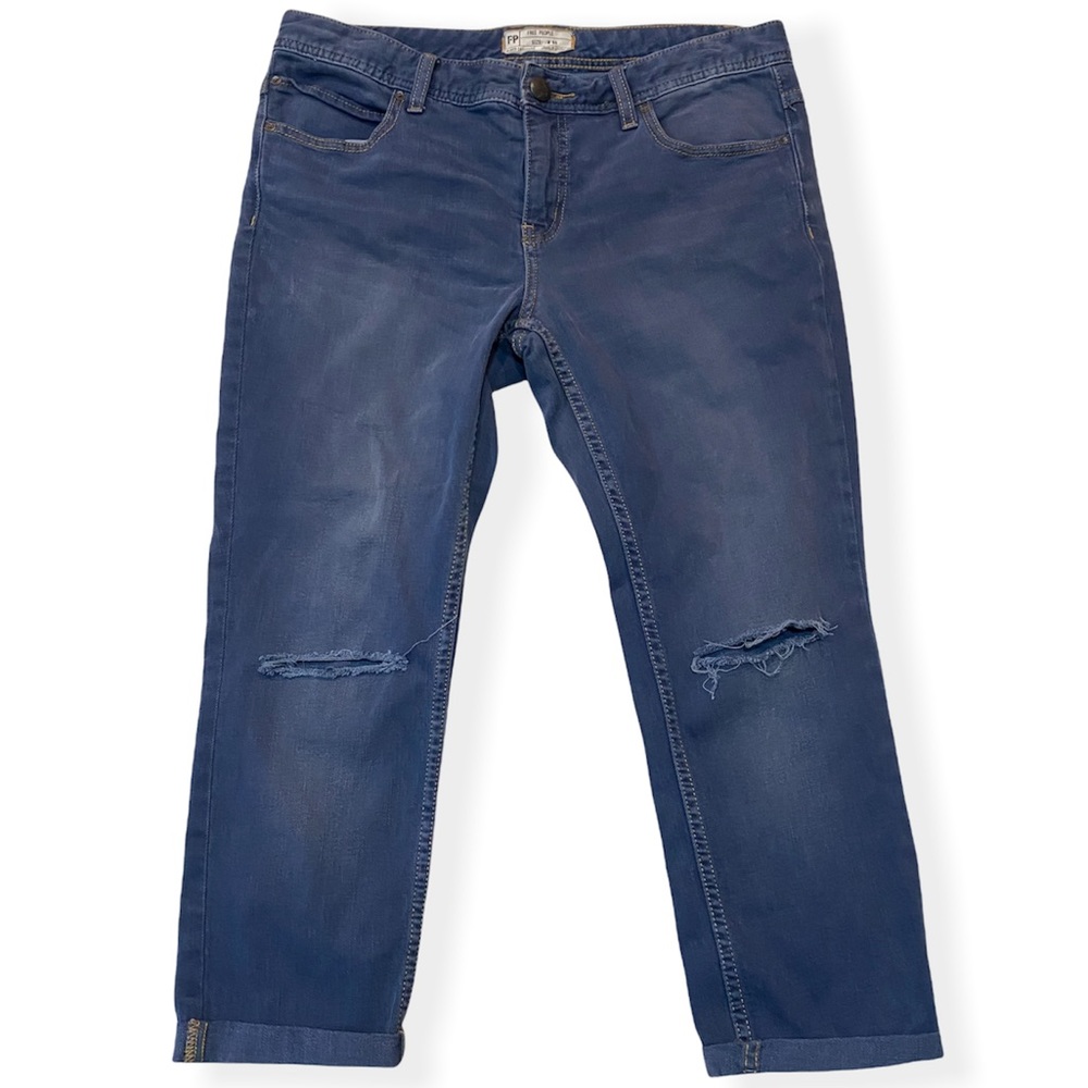 Free People Cropped Cuff Straight Leg Stretch Jeans Distressed Blue Denim Sz 30